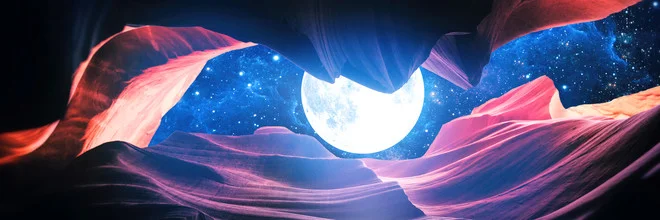 Photo art: panoramic view of the Grand Canyon with moon and starry sky