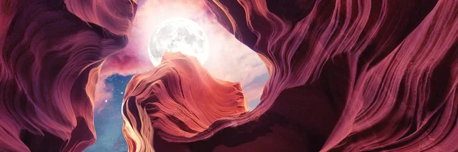 Photo art: panoramic view of the Grand Canyon with full moon and twinkling stars