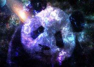 Fotokunst eines Pandabären im Weltraum mit bunten Sternen und einer Nebelgalaxie