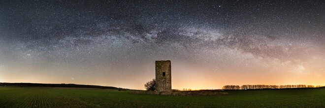 Oliver Henze, Milky way Panorama with old watch tower (Germany, Europe)
