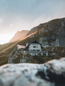 Photo art by Lars Schmucker: Mountain hut in the Tyrolean Alps at evening light