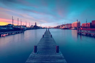 Photo art by Franz Sussbauer: pier at New Harbour in Bremerhaven at sunset