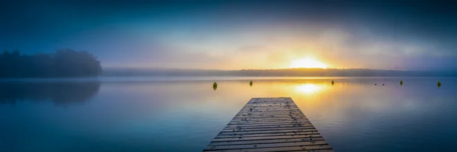 Photo art by Martin Wasilewski: calm sunrise at the lake with fog and pier