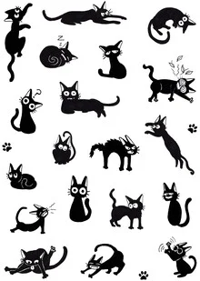 Wandbild von Katherine Blower: süße schwarze Katze mit verschiedenen Posen.