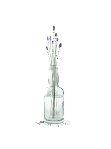 Wandbild von Katherine Blower: stilvolle Lavendelblüten in einer Flasche