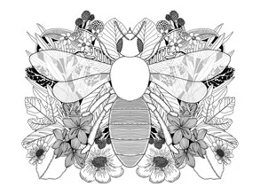 Wandbild von Catalina Villegas: eine stilvolle Biene zwischen Blumen in Schwarz-Weiß