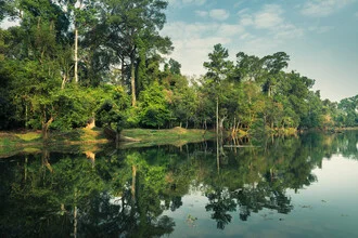 Wunderschöne Morgenstimmung bei Angkor Wat mit sanften Licht und üppigem Grün.