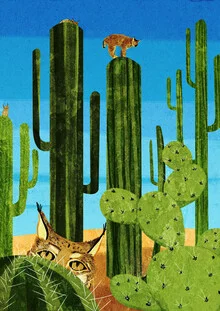 Wandbild von Katherine Blower: verspielte Bobcats in einer Wüstenlandschaft