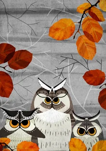 Illustration by Katherine Blower: two owl moths resting on a branch in autumn light
