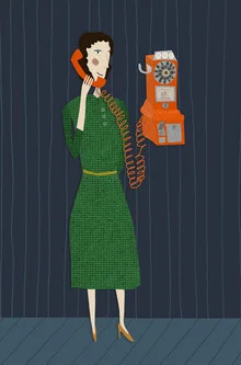 Illustration of a retro woman with a telephone, dressed in a nostalgic style.