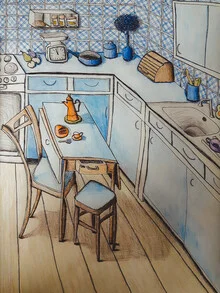 Illustration of a retro kitchen with tea and coffee on a table.