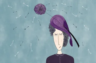 Illustration of a woman with dandelion in her hair, conveying a dreamy expression.
