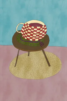 Illustration of a tea cup on a table, friendly and inviting.