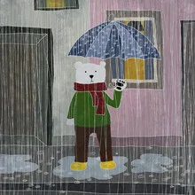Comic-style illustration of a cute polar bear with an umbrella in the rain.