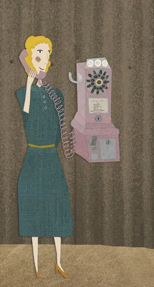 Illustration of a woman with a dial plate, conveying a nostalgic mood.