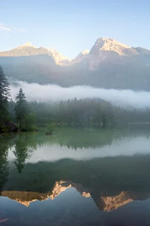 Photo art by Dave Derbis: mystical mountain lake at sunset with fog and reflection