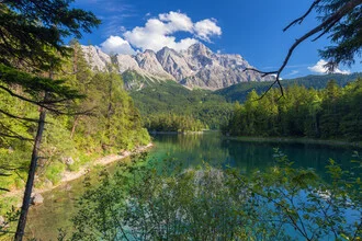 Photo art by Dave Derbis: serene landscape with Eibsee and Zugspitze bathed in golden light