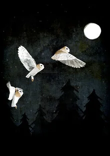Wandbild von Katherine Blower: Eule fliegt unter dem Vollmond in der Nacht.