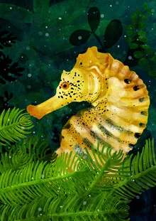 Illustration eines gelben Seepferdchens zwischen Wasserpflanzen