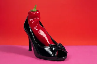 Photo art by Loulou von Glup: vibrant stiletto shoes with a pepper motif.