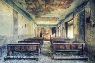 Abandoned church interior with benches and altar, soft lighting mood.