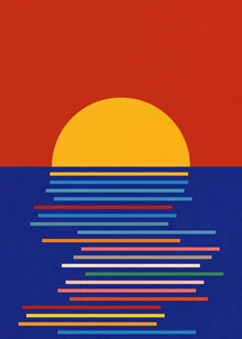 Wall art featuring a stylized sunset over the sea in warm colors.