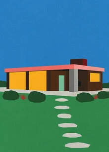Wall art by Rosi Feist: playful illustration of a mid-century bungalow with garden