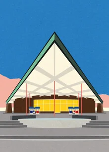 Illustration by Rosi Feist: modern gas station in Palm Springs, stylish and inviting.