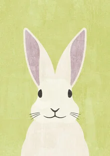 Illustration eines süßen Hasen auf grünem Hintergrund, freundlich und einladend.