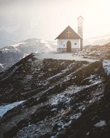 Photo art by Christian Becker: lonely church in the Dolomites, calm atmosphere.