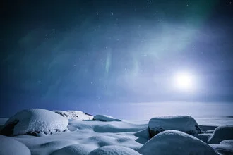 Photo art by Sebastian Worm: Arctic night with full moon and Northern Lights