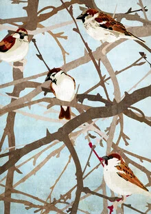 Wandbild von Katherine Blower: verspielte Sperlinge auf Zweigen im Herbst.