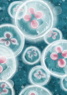 Illustration einer Qualle mit sanften Farben und Lichtblitzen unter Wasser