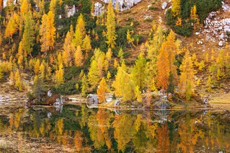 Photo art by Dave Derbis: mountain lake reflecting autumn foliage in October.