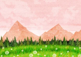 Illustration by Katherine Blower: gentle pink mountains in the background with blooming grass