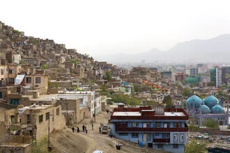 Photo art by Theresa Breuer: peaceful cityscape of Kabul featuring Sakhi Shrine