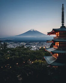 Photo art by Dimitri Luft: Mt. Fuji with pagoda at dusk, calm atmosphere