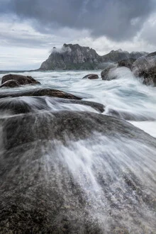 Photo art by Sebastian Worm: serene Lofoten coast with gentle waves and dramatic sky