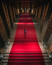 Photo art by Dimitri Luft: A man walks along a staircase with a red carpet in Osaka.