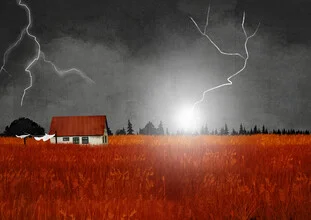 Illustration by Katherine Blower: storm over a rustic field with lightning