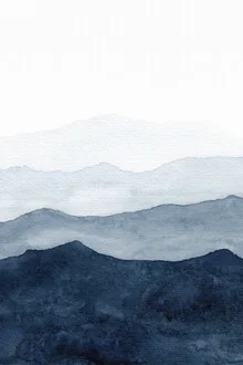 Abstract watercolor with soft indigo shades and mountain landscape