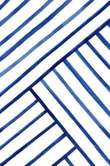 Wall art featuring geometric lines in soft blue tones, creating a calm atmosphere.
