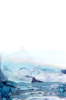 Abstract wall art in soft blue tones, depicting flowing shapes.