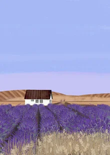Illustration of a lavender cottage with blooming flowers in the foreground