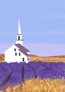 Wall art by Katherine Blower: a purple church surrounded by lavender fields.