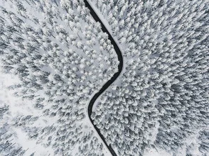Aerial view of a curvy winter road surrounded by snow-covered trees.