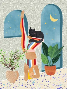 Bunte Illustration einer Frau im Kopfstand mit Pflanzen und einer Katze.