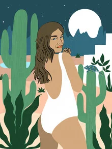 Wall art by Uma Gokhale: a woman swims under a starry sky with a moon.