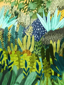 Wandbild mit bunten Blättern und exotischen Motiven im Dschungelstil.