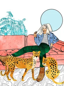 Illustration by Uma Gokhale: relaxing moments with a colorful cheetah on the sofa.